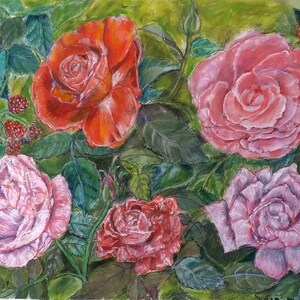 Originalgemälde „Rosen in voller Blüte“: Blumenstillleben als Wandbild, Dekoration für den Landhausgarten, botanische Kunst, romantische Blumendekoration für Zuhause