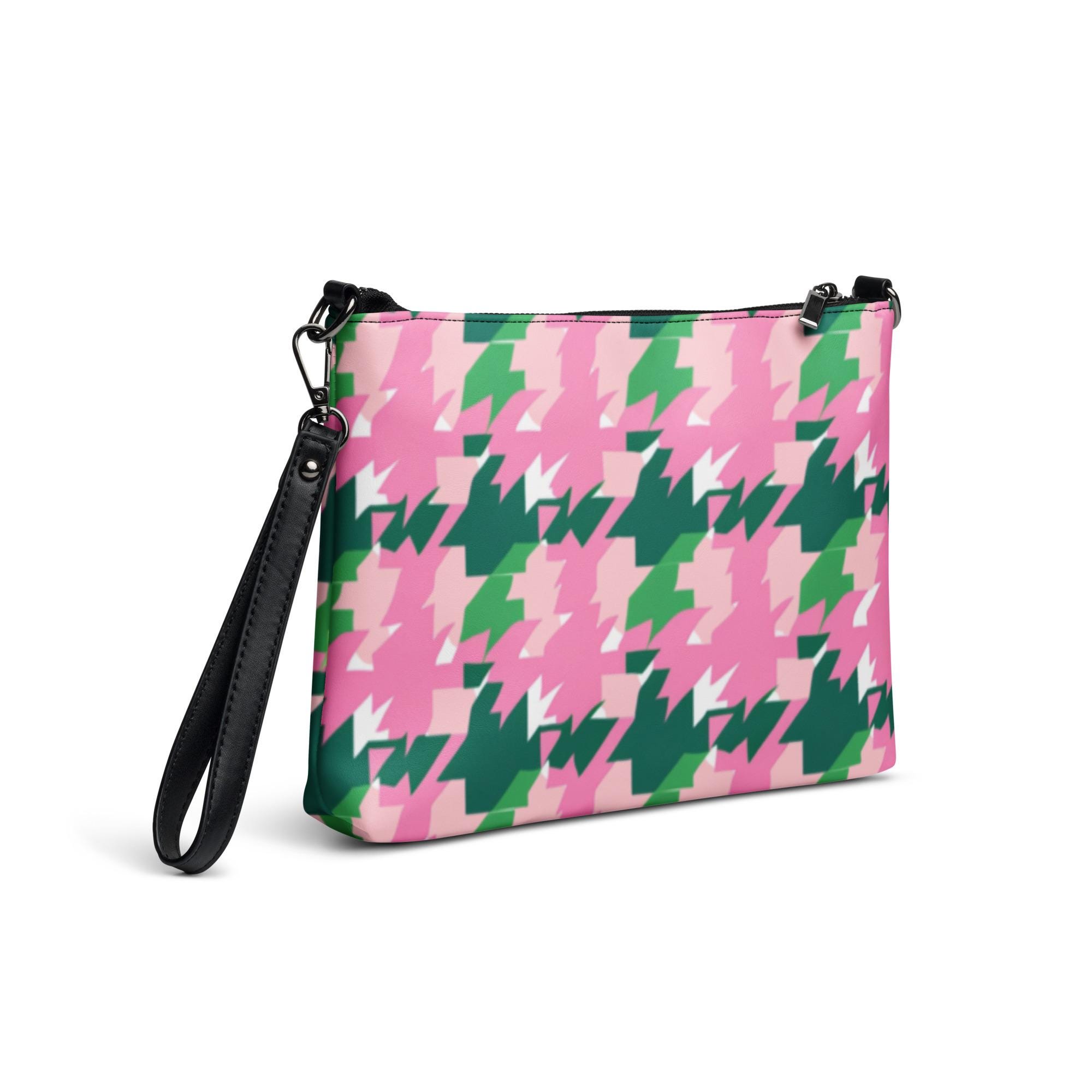 Pink & Green Houndstooth Crossbody Bag: Faux Leather Graphic Purse
