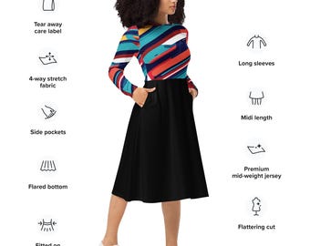 Multicolor Stripe on Black Midi Dress with Pockets - Colorful Long Sleeve