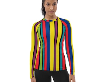 Multicolor Vertical Stripe Women's Rash Guard: UPF 50+ Swim Shirt