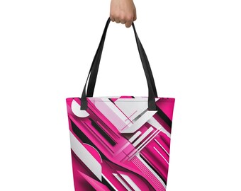 Borsa tote con grafica astratta rosa e nera: borsa a tracolla moderna