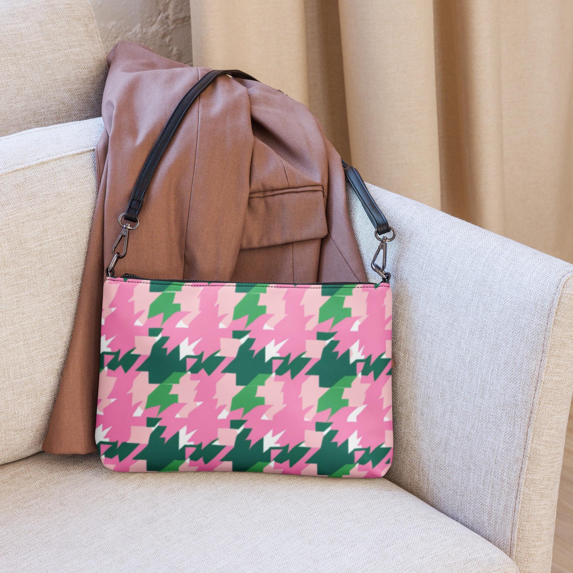 Pink & Green Houndstooth Crossbody Bag: Faux Leather Graphic Purse