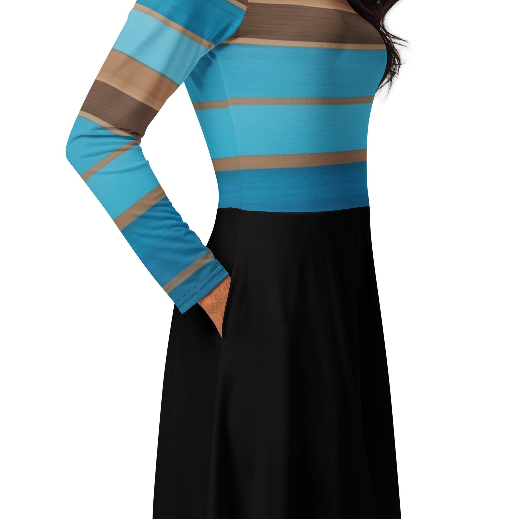 Blue and Brown Striped Midi Dress: Long Sleeve Pocket Dress