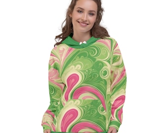 Felpa con cappuccio unisex Boho Paisley - Pullover rosa e verde comodo per uomo e donna