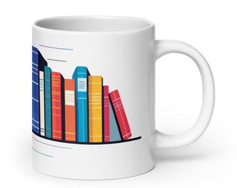 May include: White ceramic mug featuring a colorful illustration of a row of books. The books are in various colors, including blue, orange, yellow, and red. The mug has a curved handle and a simple design.
