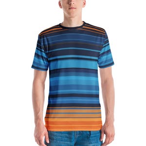 Men&#39;s Colorful Striped T-Shirt - Blue and Orange Retro Graphic Horizontal Shirt