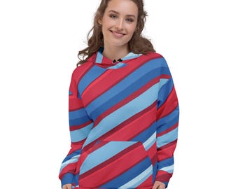 Bluza z kapturem unisex w czerwono-niebieskie paski ukośne – wyrazisty graficzny sweter