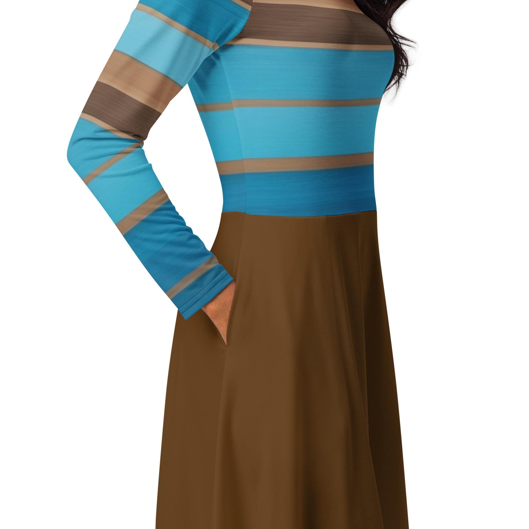 Blue and Brown Striped Midi Dress: Long Sleeve Jersey Knit with Pockets