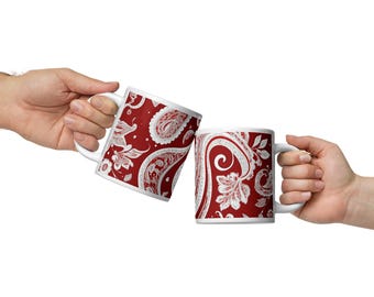 Taza de café con estampado de cachemira roja: cerámica bohemia y chic