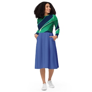Blue and Brown Striped Midi Dress: Long Sleeve Jersey Knit with Pockets