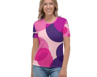 ピンクと紫の水玉模様Tシャツ：女性用快適デイリーTシャツ