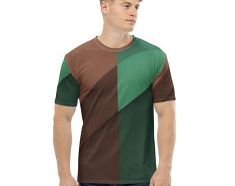 Green and Brown Color Block Men's T-shirt - Modern Casual Graphic Tee