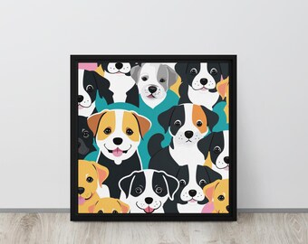 以下が含まれることがあります： 様々な品種と色の漫画の犬がカラフルなパターンで描かれた額装されたプリント。犬たちは皆、幸せそうな表情で鑑賞者を見つめている。