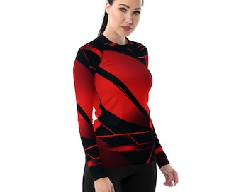 Red-Orange & Black Design Women's Rash Guard - Colorful Graphic Long Sleeve Athletic Top