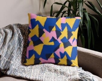 Cojín moderno de pata de gallo - Cojín básico con detalles en azul, rosa y amarillo - Cojín de diseño multicolor