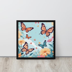 Farfalla e fiore colorati n. 2 su tela / Arte murale astratta con natura / Stampa floreale stravagante incorniciata / Regalo per la casa vibrante