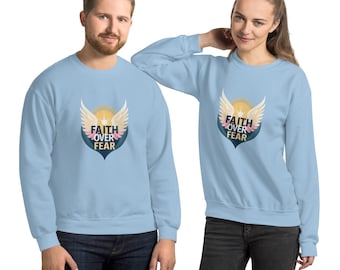 Faith Over Fear Unisex Sweatshirt with Colorful Angel Wings | Christian Pullover | Inspirational Religious Clothing