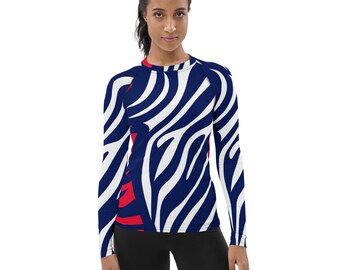 Red, White & Blue Zebra Rash Guard: Women's UV Protection Activewear