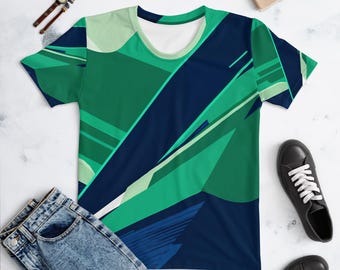 Blue and Green Graphic Women's T-shirt - Modern Design Abstract Tee
