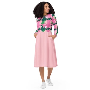 Long sleeve Midi Dress with Pockets - Pink & Green Houndstooth Pattern - Colorful Graphic Dress