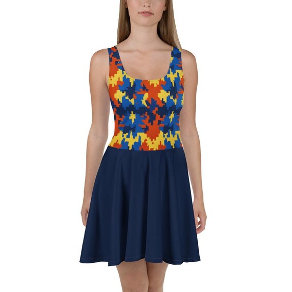 Houndstooth Skater Dress - Blue Orange Yellow Fit & Flare Style -  Multicolor Graphic Dress - Etsy