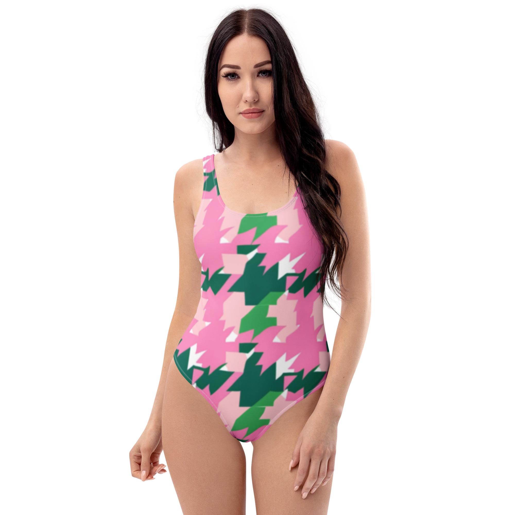 One-piece Swimsuit - Pink & Green Houndstooth Pattern Beachwear One-piece Swimsuit - Pink & Green Houndstooth Pattern Beachwear