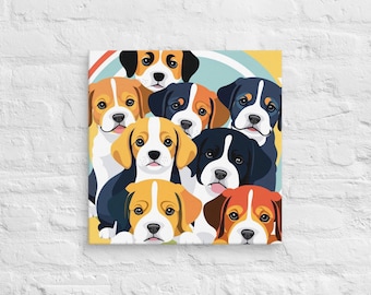 以下が含まれることがあります： 異なる色の毛皮と模様を持つ8匹の子犬のカラフルなイラスト。子犬たちはみんな舌を出して視聴者を見ている。背景は薄い青と黄色の円です。