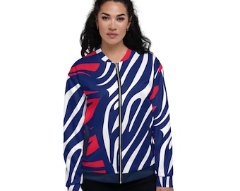 Röd, vit och blå zebramönstrad bomberjacka: Retro unisex-stil