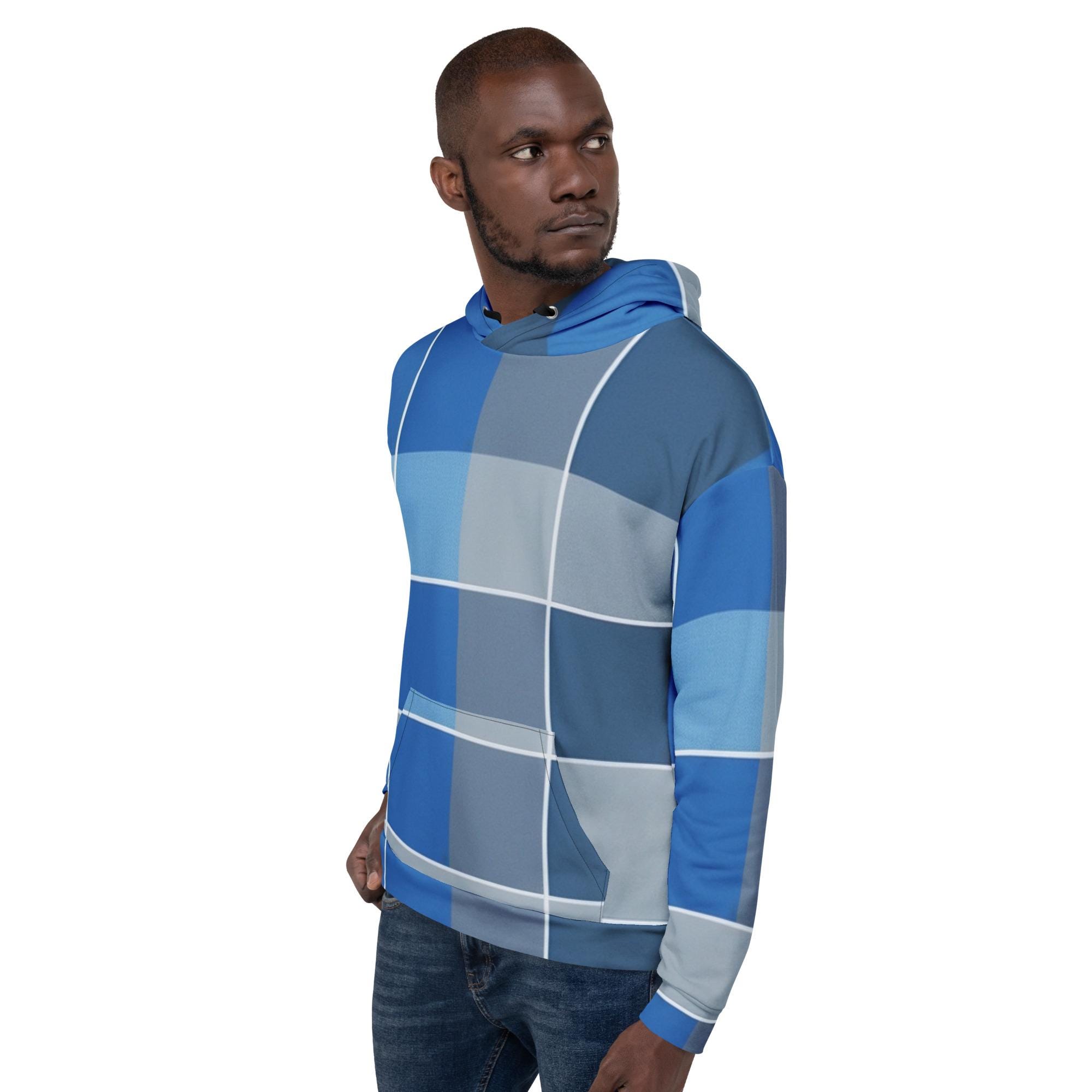 Gingham Unisex Hoodie - Blue and Gray Checked Pattern Sweatshirt