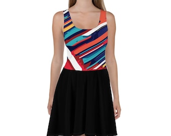 Puede incluir: Un vestido skater negro con un estampado abstracto colorido con rayas rojas, azules, amarillas y blancas. El vestido tiene un escote redondo y es sin mangas.