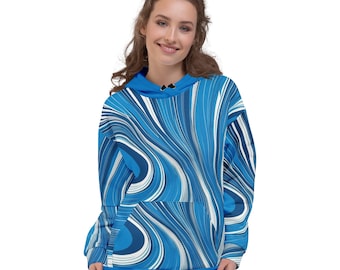 Unisex Curvy Line Hoodie - Blue and White Abstract Art Sweatshirt