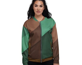 Green and Brown Color Block Unisex Bomber Jacket - Modern Streetwear