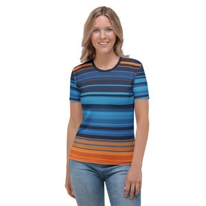 Colorful Women&#39;s Retro T-shirt - Blue and Orange Striped Aesthetic Tee