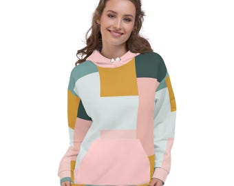 Pink Teal Gold Unisex Hoodie - Colorblock Pattern Sweatshirt