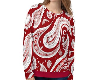 Felpa unisex con stampa Paisley - Pullover in stile boho rosso e bianco