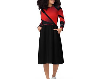 Solid Red Midi Dress Women, Full Sleeves Evening Party, Round Neck Party  Dress, Plain Summer Beach Dress, Casual Dress With Pockets - Etsy