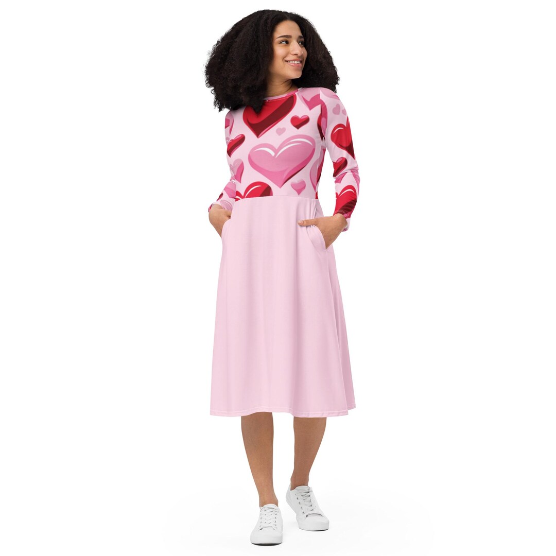 Red and Pink Hearts Midi Dress With Pockets Romantic Long Sleeve — free download
