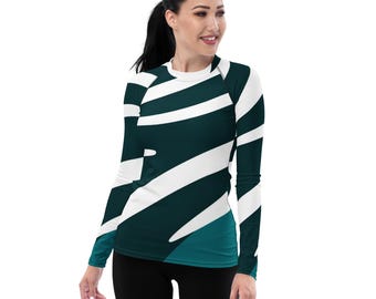 Teal Zebra Print Rash Guard: Women's UV Protection Activewear
