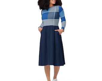 Langarm Midikleid Gingham - Blau und Grau Karokleid mit Taschen