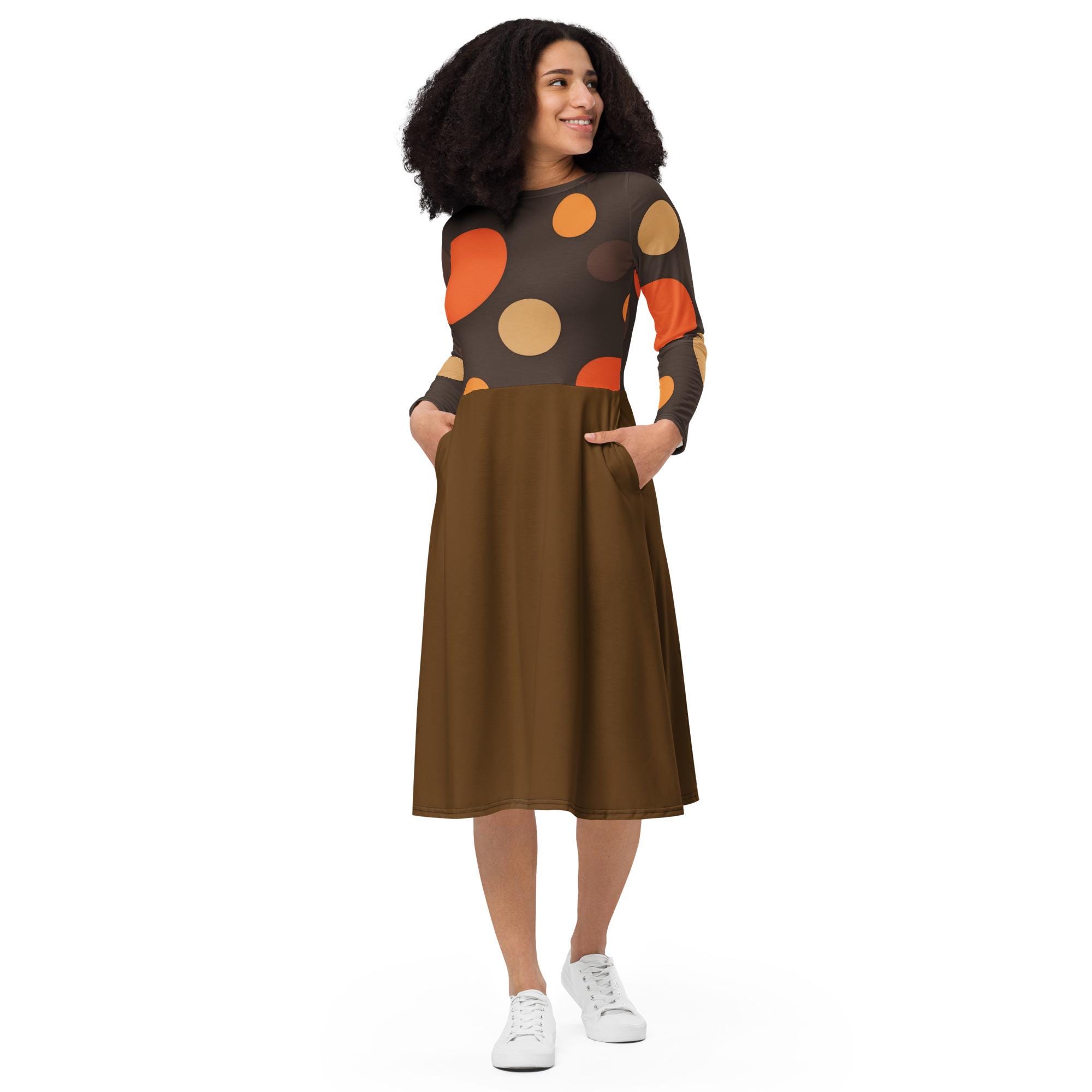 knee length dresses for ladies Rust Polka Dot Ruched Sleeve Midi Dress – AX Paris main image 0