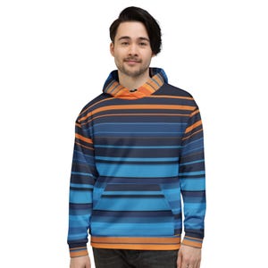 Colorful Horizontal Unisex Hoodie - Blue and Orange Stipes, Retro Cozy Streetwear