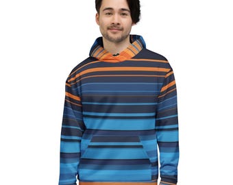 Colorful Horizontal Unisex Hoodie - Blue and Orange Stipes, Retro Cozy Streetwear