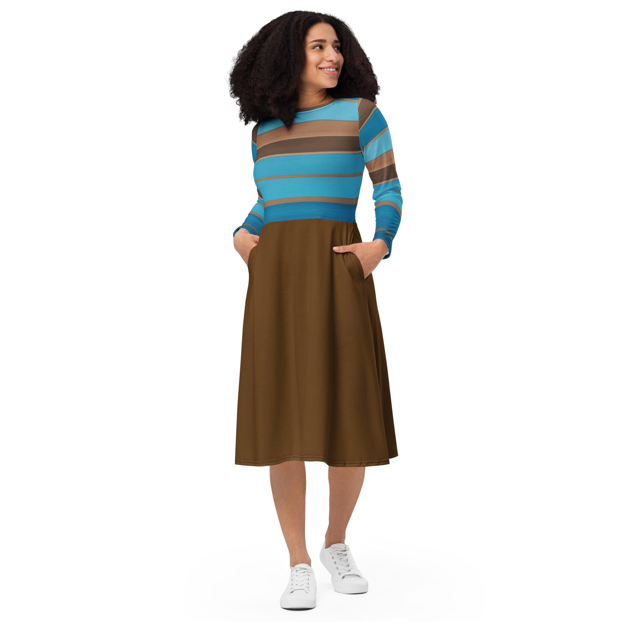 brown and blue striped dress Brown and Blue Tropical Flight Stripes Organic Cotton Midi Dress – FARM Rio main image 1