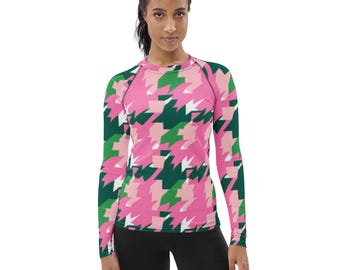 Houndstooth Rash Guard: Pink & Green Long Sleeve Swim Shirt, UPF 50+