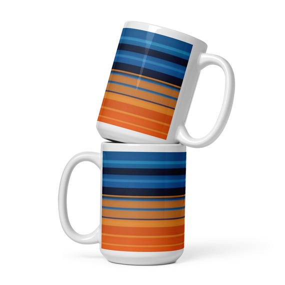 青とオレンジのストライプ柄コーヒーマグ：レトロな陶器カップ - Etsy 日本
