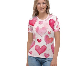 Pink Hearts Tee Shirt - Women's Soft Pink T-shirt with Allover Heart Print