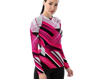 Pink and Black Graphic Women's Rash Guard - Modern Abstract Design Long Sleeve Athletic Top