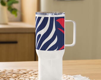 Rode, witte en blauwe reismok met zebraprint: trendy koffiebeker