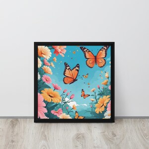 Farfalla e fiore colorati n. 1 su tela / Arte murale astratta con natura / Stampa floreale stravagante incorniciata / Regalo per la casa vibrante