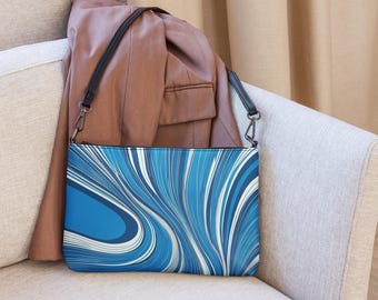 Curvy Lines Crossbody Bag - Blue and White Abstract Shoulder Purse